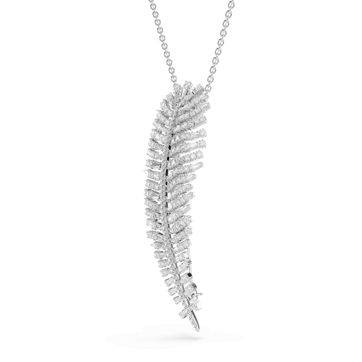 The Swarovski Vienna pendant and brooch from the renowned brand Swarovski features a rhodium-plated feather design, adorned with mixed-cut sparkling white stones, elegantly showcased against a white background.