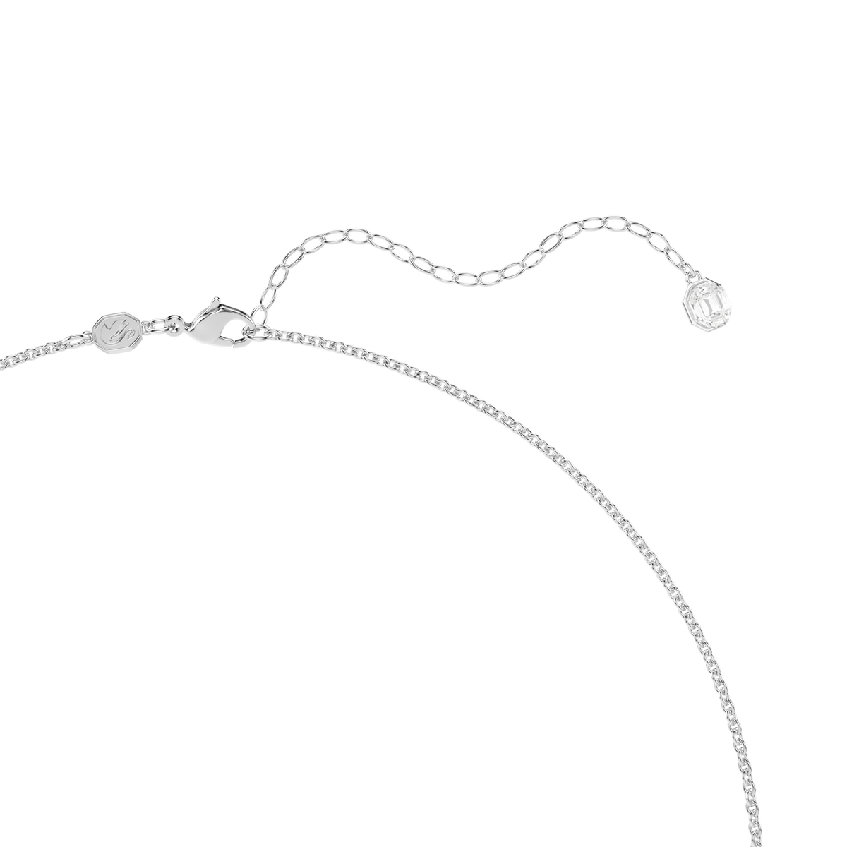 A detailed look at a rhodium-plated chain featuring a lobster clasp and an adjustable extender with a delicate charm, set against a white background—crafted by Swarovski as part of the Vienna Collection. This elegant accessory perfectly complements the Swarovski Vienna pendant and brooch adorned with mixed-cut crystals in white and feather motifs.