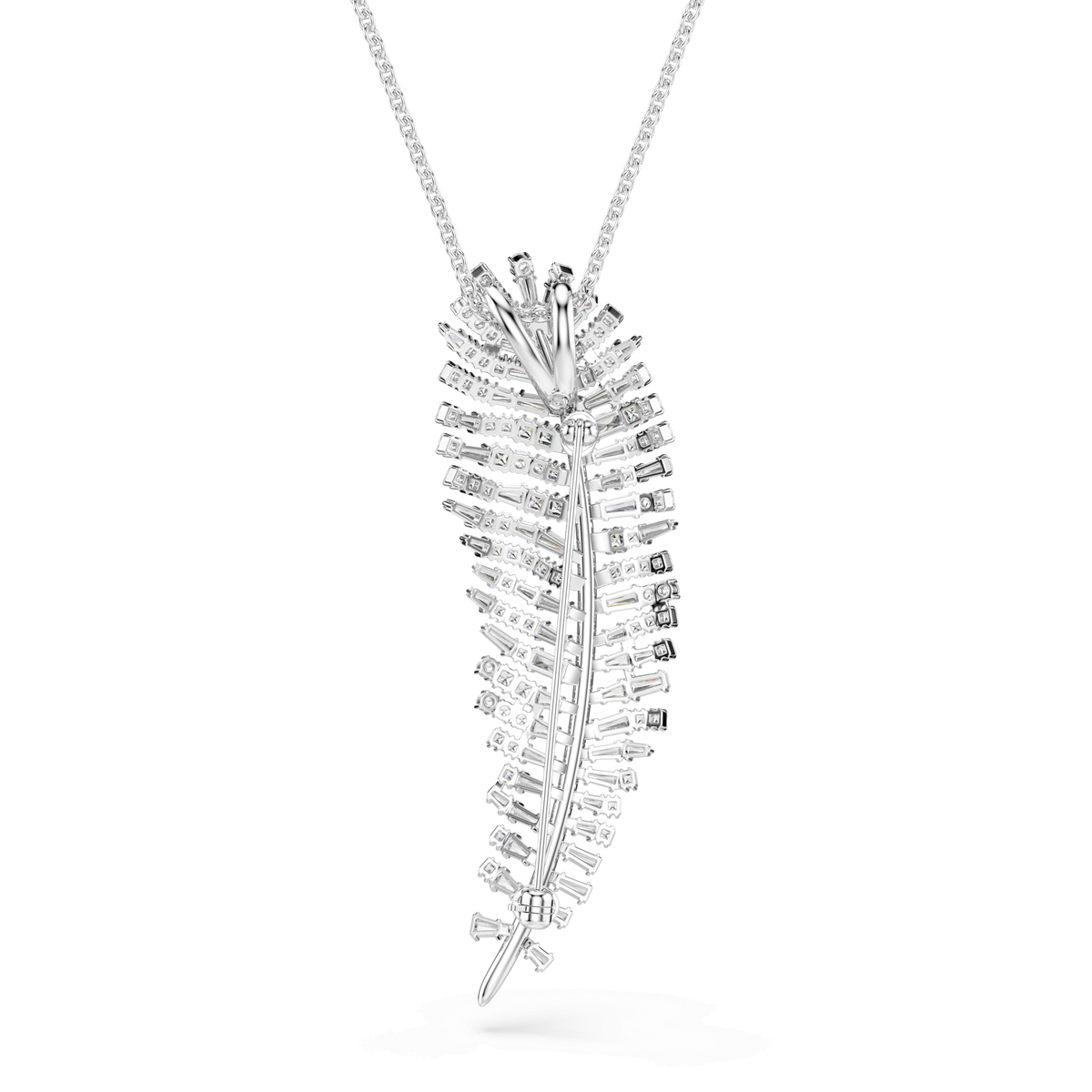 Swarovski Vienna pendant and brooch featuring an elegant feather design with mixed cut clear stones, crafted in white rhodium plating and displayed on a simple chain against a plain white background.