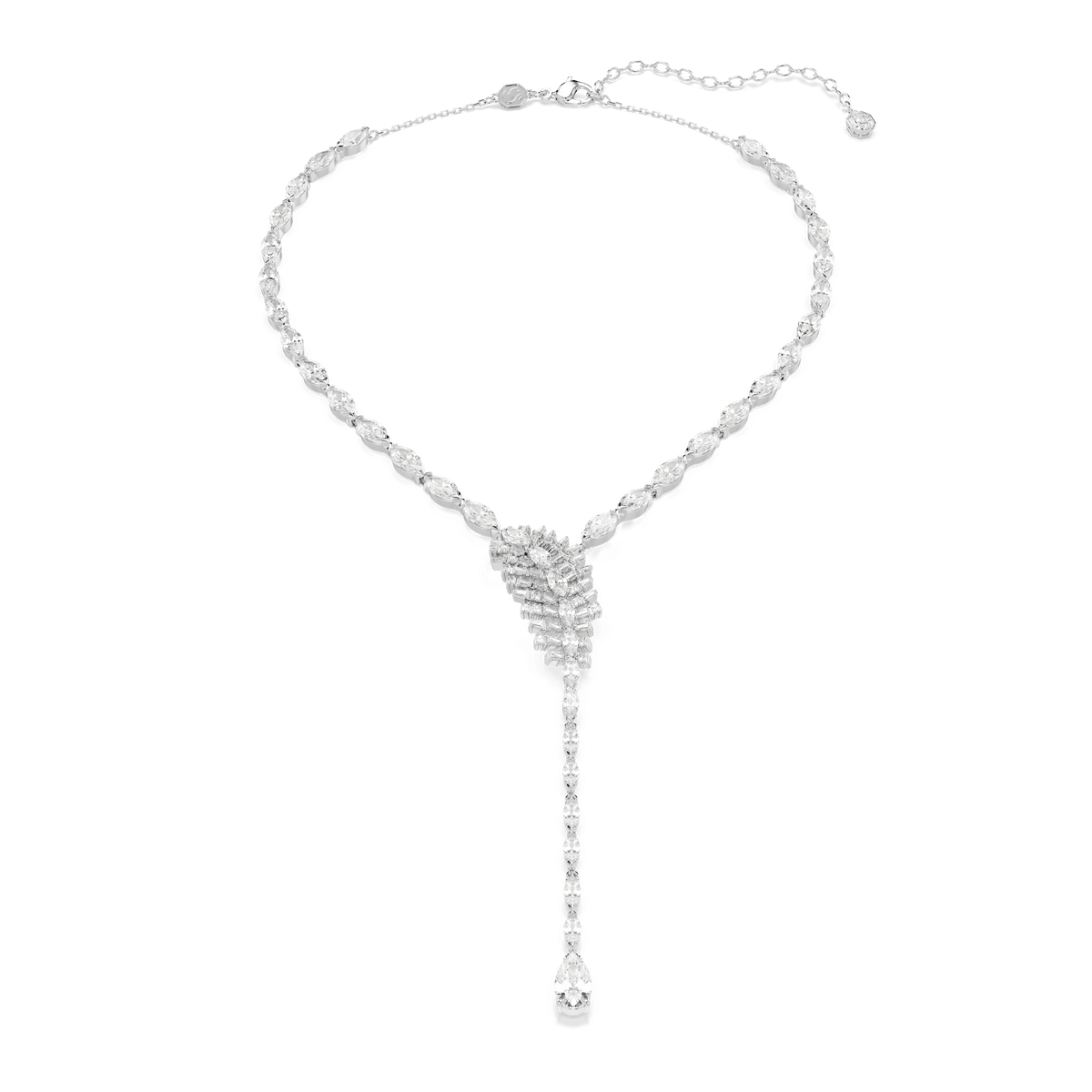 Discover the Swarovski Vienna Y necklace, a rhodium plated design from the iconic Vienna Collection. Featuring mixed-cut white crystals in a graceful feather motif, this elegant piece showcases a cluster of sparkling gems forming a leaf-like centerpiece, with a single strand ending in a dazzling teardrop-shaped crystal. Evenly spaced gemstones along the chain add extra brilliance to this luxurious Swarovski creation.