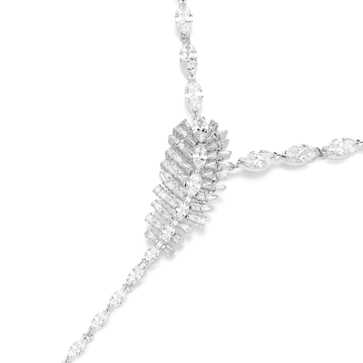 A close-up of the Swarovski Vienna Y necklace, showcasing mixed-cut clear gemstones arranged in a feather-inspired design on a white background. This elegant piece is rhodium plated and part of the Vienna Collection by Swarovski.