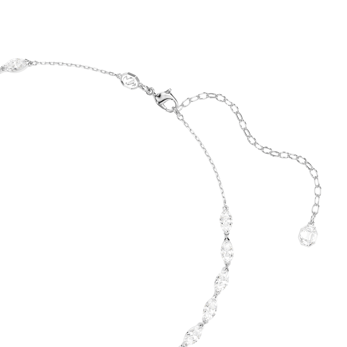 Close-up of the Swarovski Vienna Y necklace, featuring mixed-cut gemstones, a delicate feather motif, and a rhodium-plated adjustable chain with a lobster clasp, beautifully displayed on a white background.