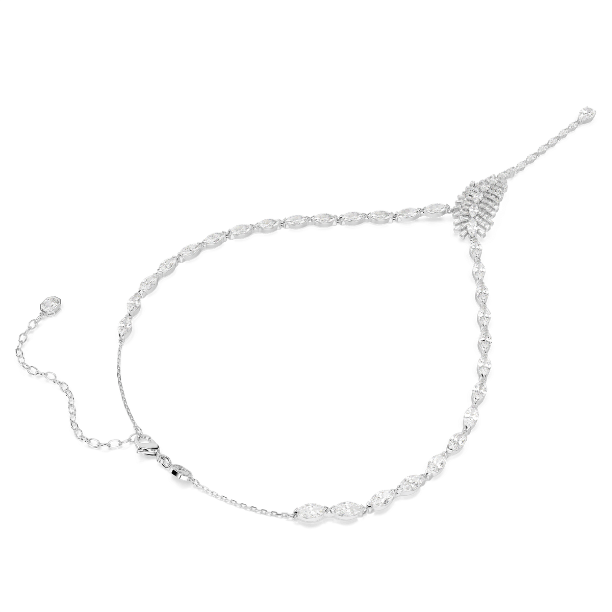 An elegant silver bracelet from the Vienna Collection, adorned with marquise-shaped clear stones and featuring an adjustable sliding clasp with a short extension chain for perfect sizing. The sparkling design beautifully complements the Swarovski Vienna Y necklace in mixed cuts, feather motif, white stones, rhodium plated—creating a refined and coordinated look.