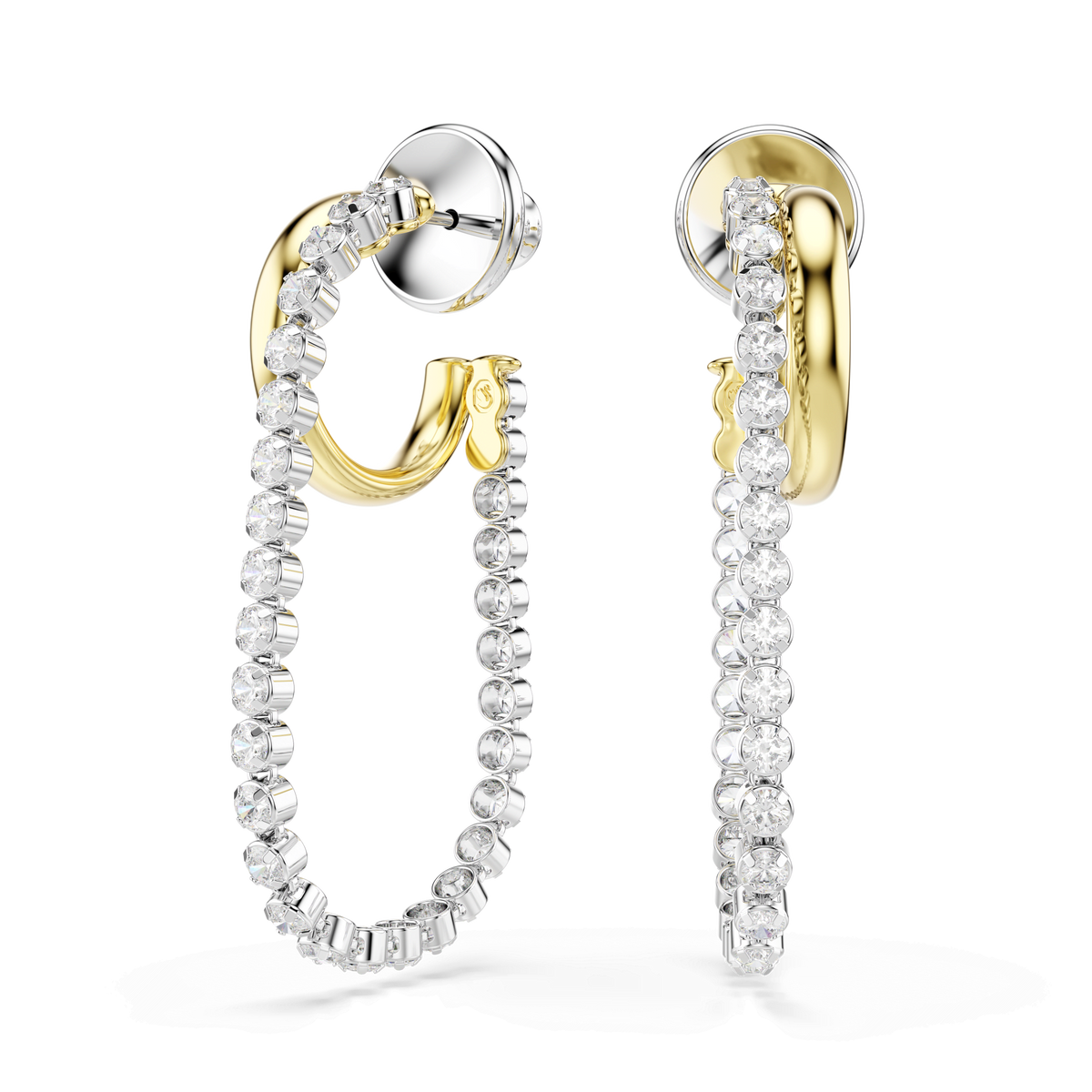 A pair of Swarovski Hyperbola earrings in a mixed metal finish, featuring sparkling round-cut white stones, elegantly dangle in a line against a white background—the perfect touch of modern jewelry sophistication.