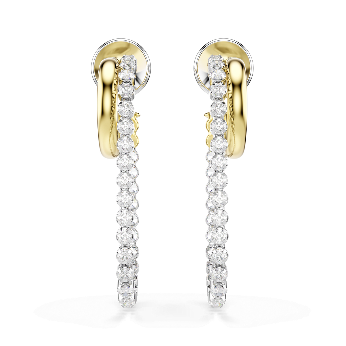 A pair of Swarovski Hyperbola earrings with a mixed metal finish and round white crystals, displayed against a plain white background—an exquisite example of modern jewelry.