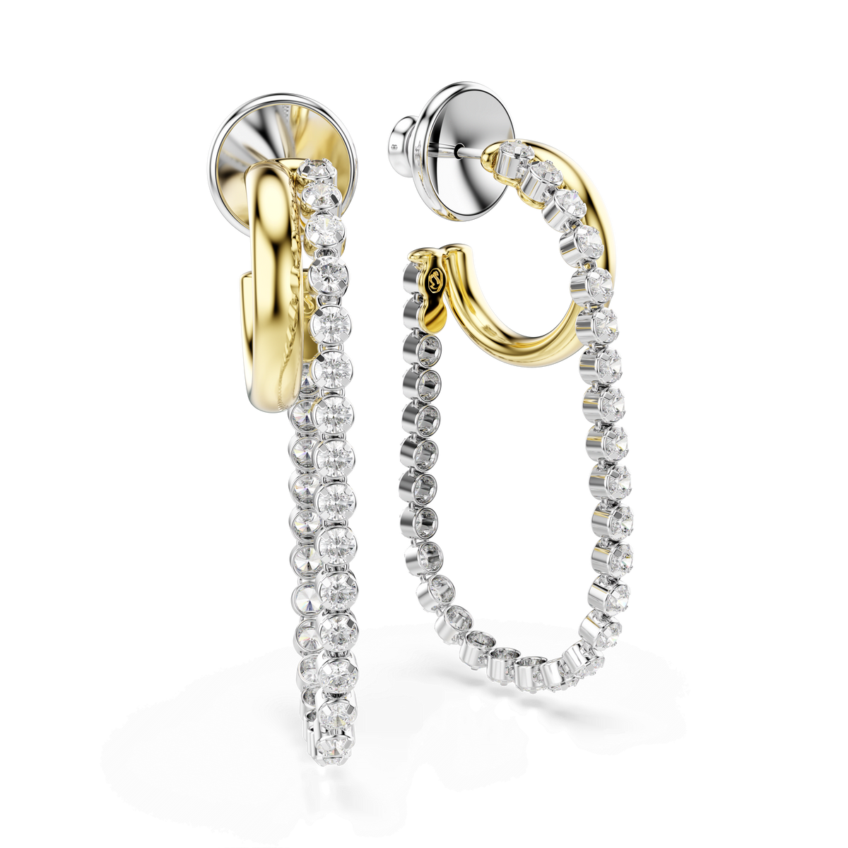 The Swarovski Hyperbola earrings by Swarovski feature a round-cut design with a front row of sparkling white gemstones and a gold-toned inner side, all in a sophisticated mixed metal finish. The modern elegance of these earrings is highlighted in the photograph, which presents them against a white background.