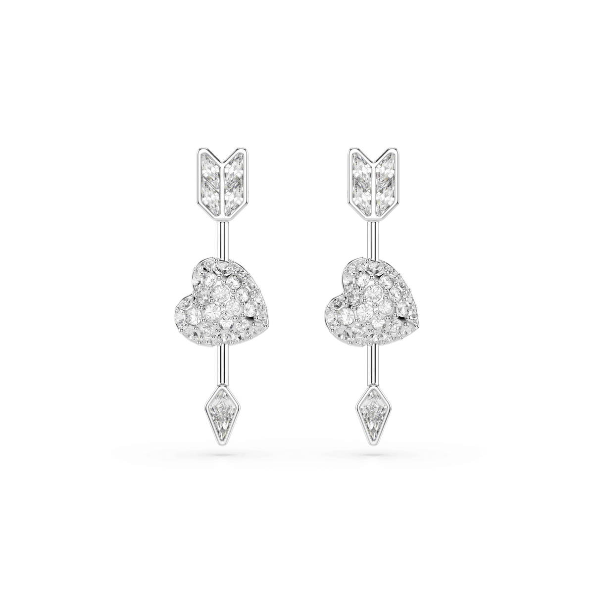 A pair of Swarovski Idyllia drop earrings, featuring heart-shaped mixed-cut centers with arrow motifs, adorned with sparkling white stones and rhodium-plated, displayed on a white background.