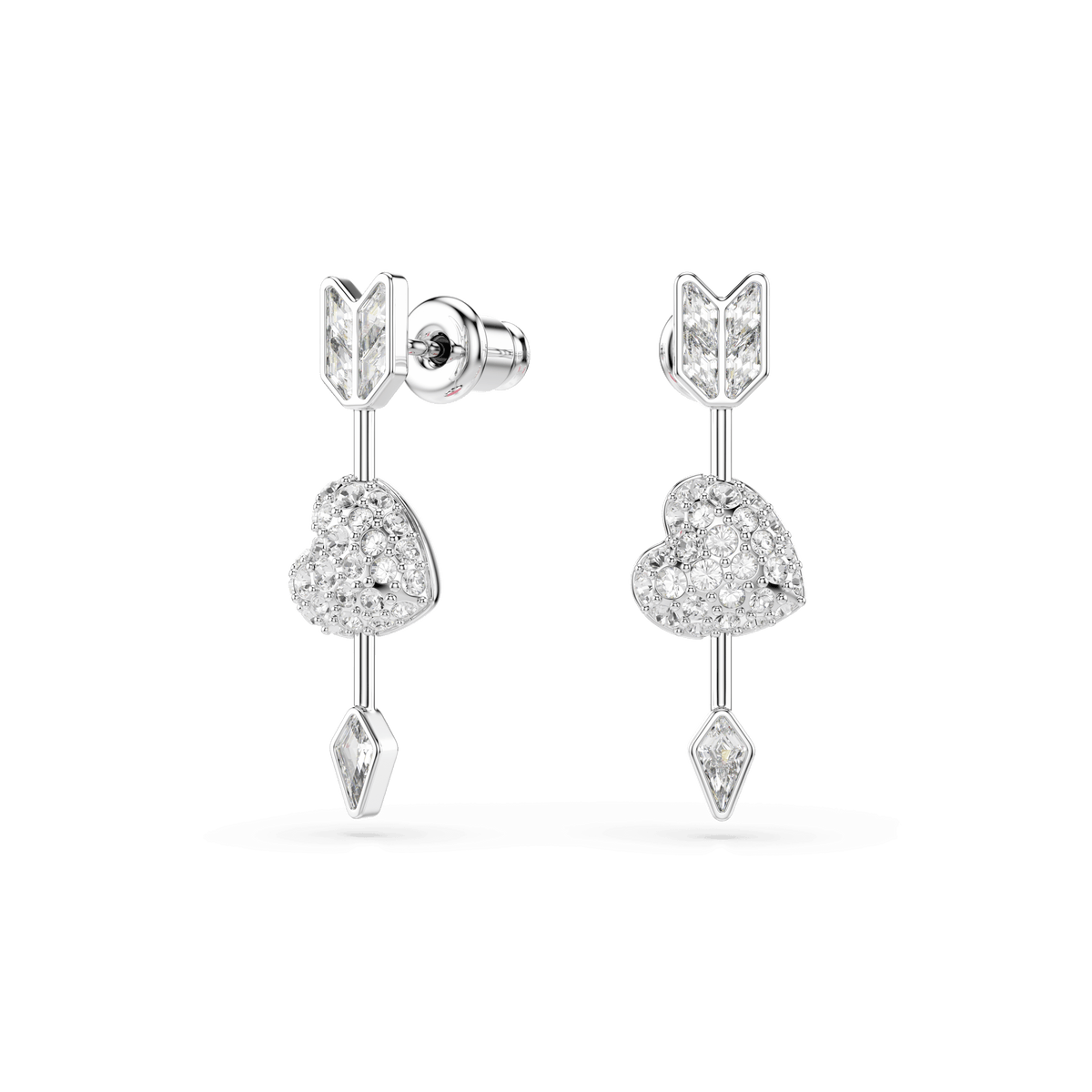 Introducing the Swarovski Idyllia drop earrings: heart-shaped designs pierced by an arrow, crafted in white with mixed-cut stones and finished in rhodium plating. These sparkling love heart earrings by Swarovski feature clear pavé set in silver-tone metal, beautifully photographed against a plain light gray background.