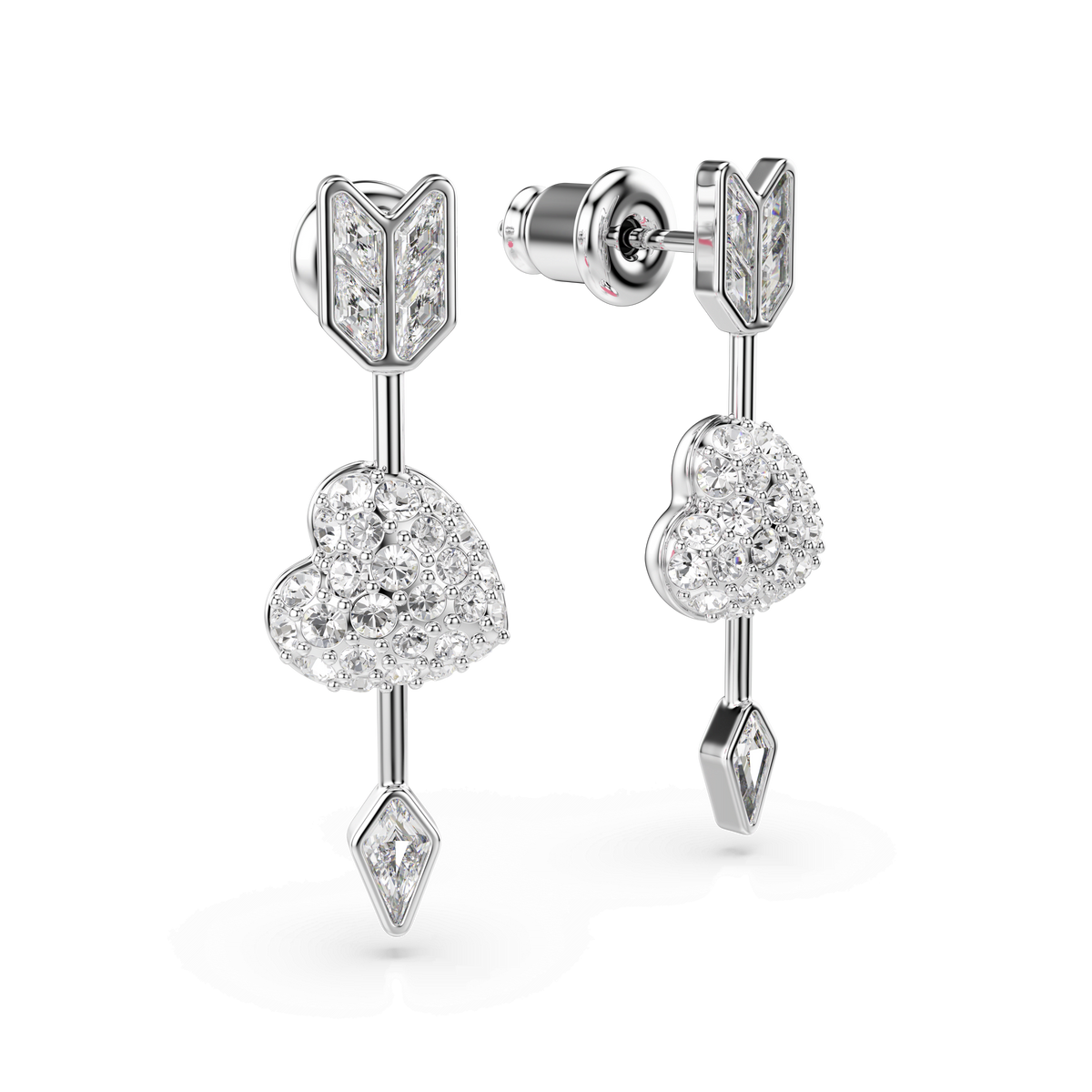 A pair of Swarovski Idyllia drop earrings featuring heart and arrow motifs with mixed-cut, clear gemstones, crafted in rhodium-plated metal, displayed on a plain white background.