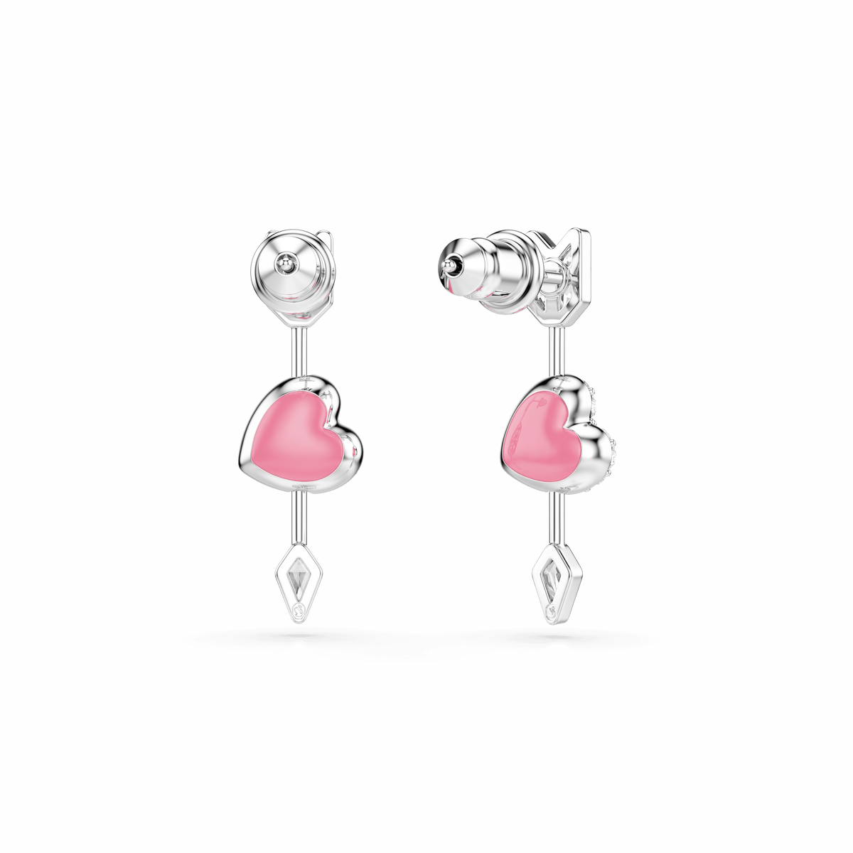 A pair of Swarovski Idyllia drop earrings in white, featuring heart-with-arrow charms with mixed cuts and small geometric dangles below, rhodium plated and set against a plain white background.