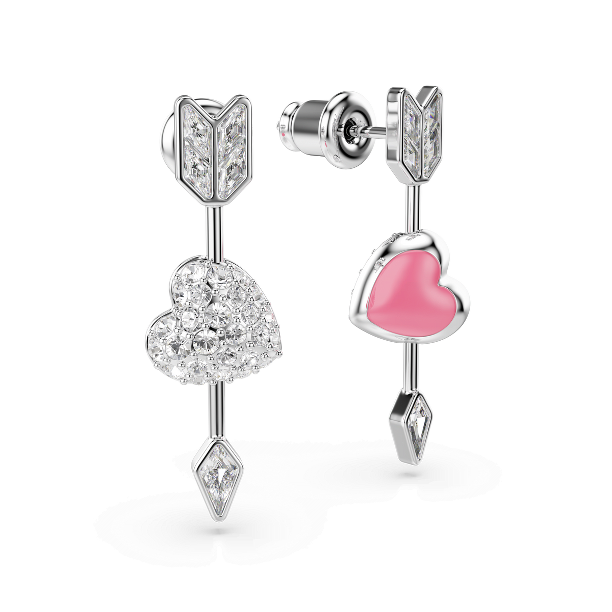 Introducing the Swarovski Idyllia drop earrings: rhodium plated and beautifully designed in the shape of arrows accented with heart motifs. One earring features a heart embellished with brilliant clear crystals, while the other showcases a glossy pink finish—both adorned with sparkling mixed-cut stones and chic metal arrowhead details. These romantic earrings add a touch of Swarovski elegance to any look.