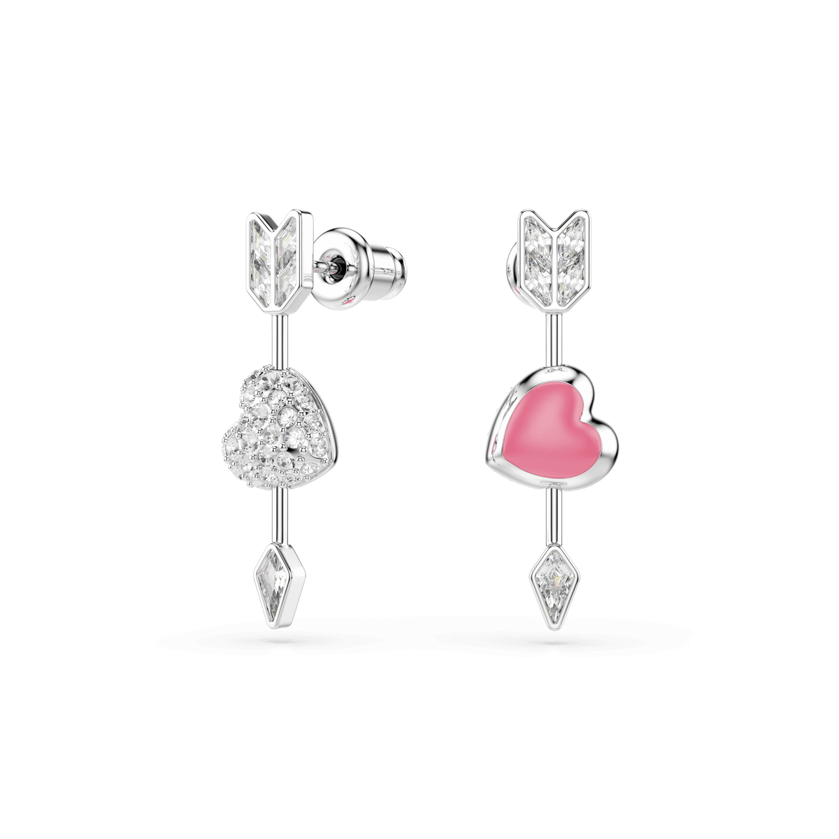 Swarovski Idyllia drop earrings are rhodium plated and feature a charming heart-with-arrow design. Each earring showcases mixed-cut elements: one heart adorned with pink enamel, the other encrusted with sparkling clear crystals. The arrow tips and ends gleam with small clear crystals, adding extra brilliance to this enchanting Swarovski accessory.