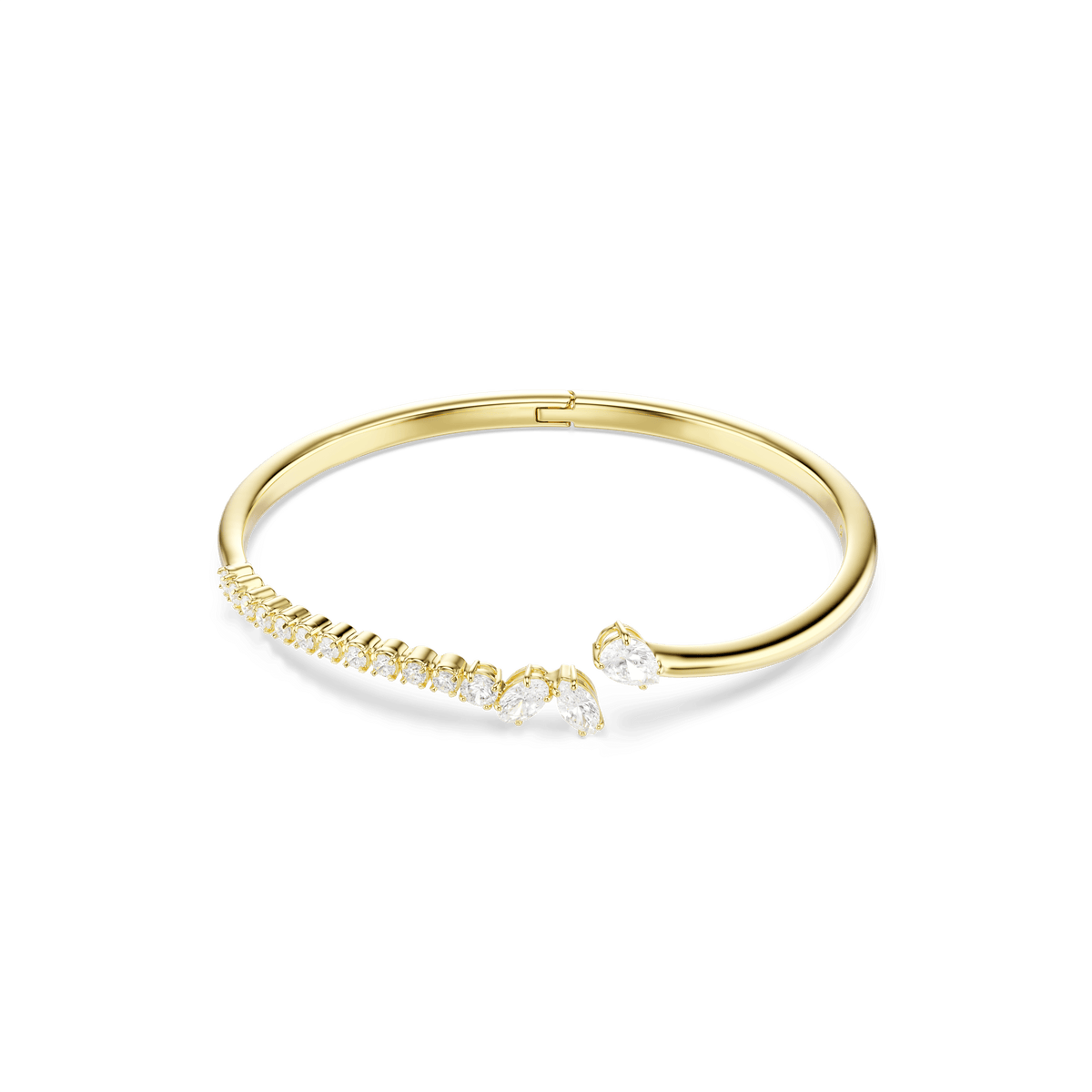 The Swarovski Mesmera bangle, featuring mixed-cut sparkling white Swarovski Zirconia that gradually increase in size towards the center, is an open-ended bracelet with an elegant 18K gold finish, shown against a plain white background.