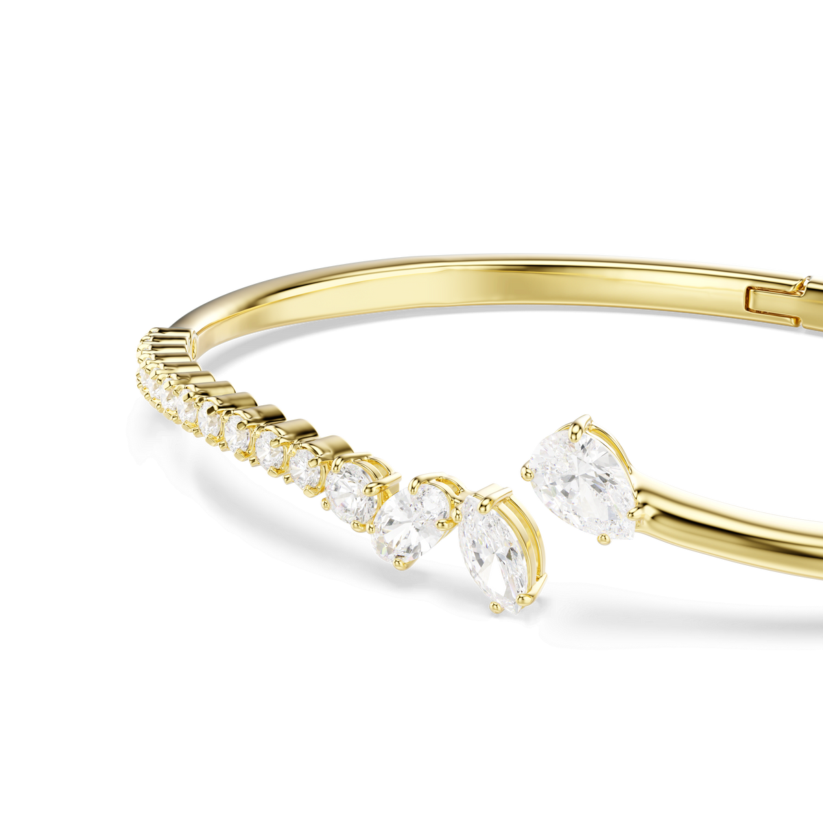 A stunning Swarovski Mesmera bangle, featuring mixed-cut white stones with a row of small round crystals and two larger pear-cut accents on one end, finished in 18K gold and displayed on a white background.