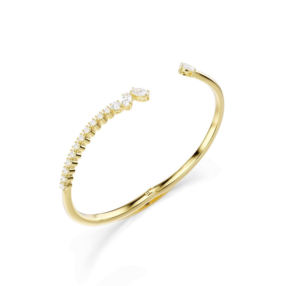 An elegant piece from Swarovski’s Mesmera jewelry collection, the Mesmera bangle features an 18K gold finish with a row of small white Swarovski Zirconia gemstones on one side and a single larger gemstone on each end, displayed against a plain white background.