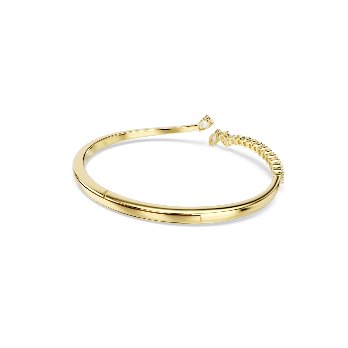 The Swarovski Mesmera bangle by Swarovski features an 18K gold finish with an open design, showcasing a row of small white mixed-cut Swarovski Zirconia on one side and a larger stone at each open tip, displayed against a plain white background.