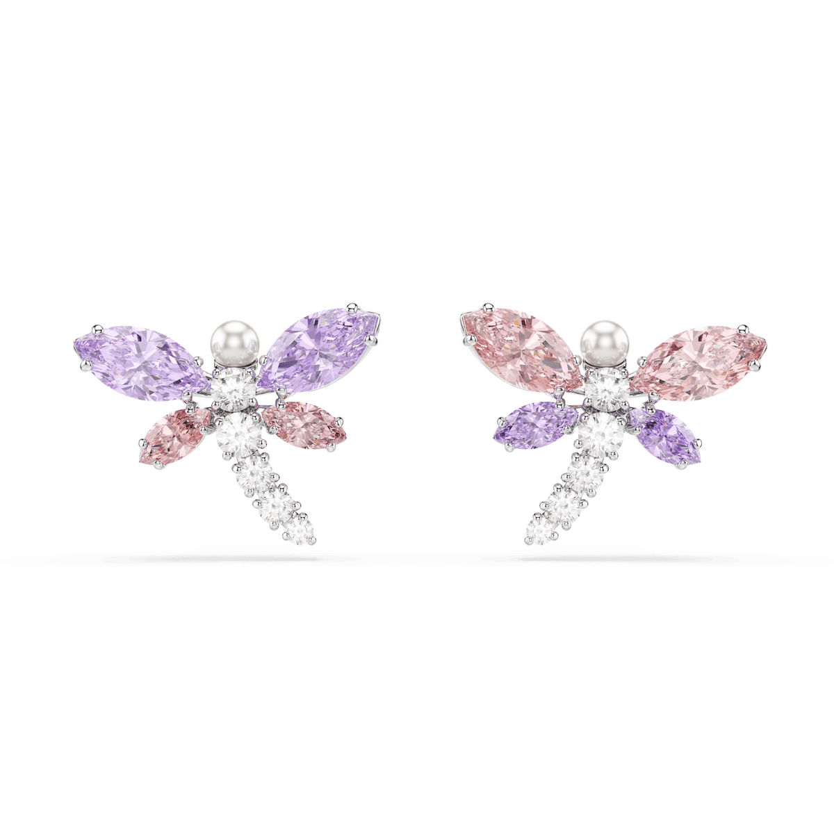 A pair of Swarovski Ariana Grande x Swarovski stud earrings in a dragonfly design, showcasing mixed-cut Swarovski crystals in multicolored pink and purple hues, with pearl-like crystal heads and sparkling bodies, all rhodium plated and set against a white background.