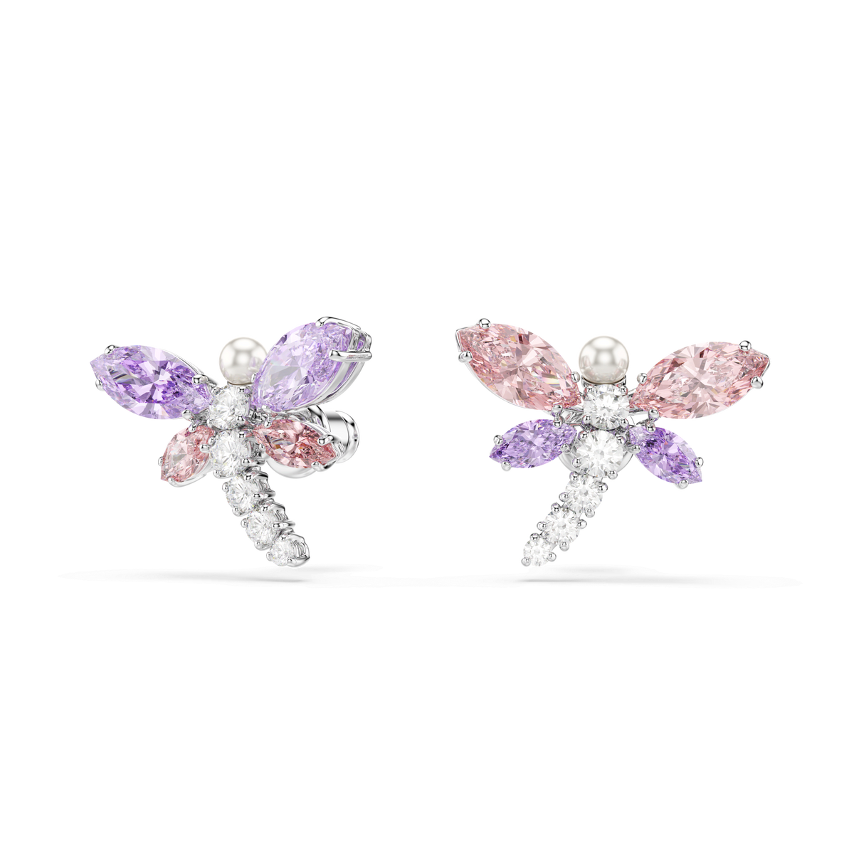 A pair of Swarovski Ariana Grande x Swarovski stud earrings, designed in the shape of dragonflies with multicolored mixed-cut gemstones on the wings and sparkling Swarovski Zirconia crystals on the bodies, are displayed against a plain white background.