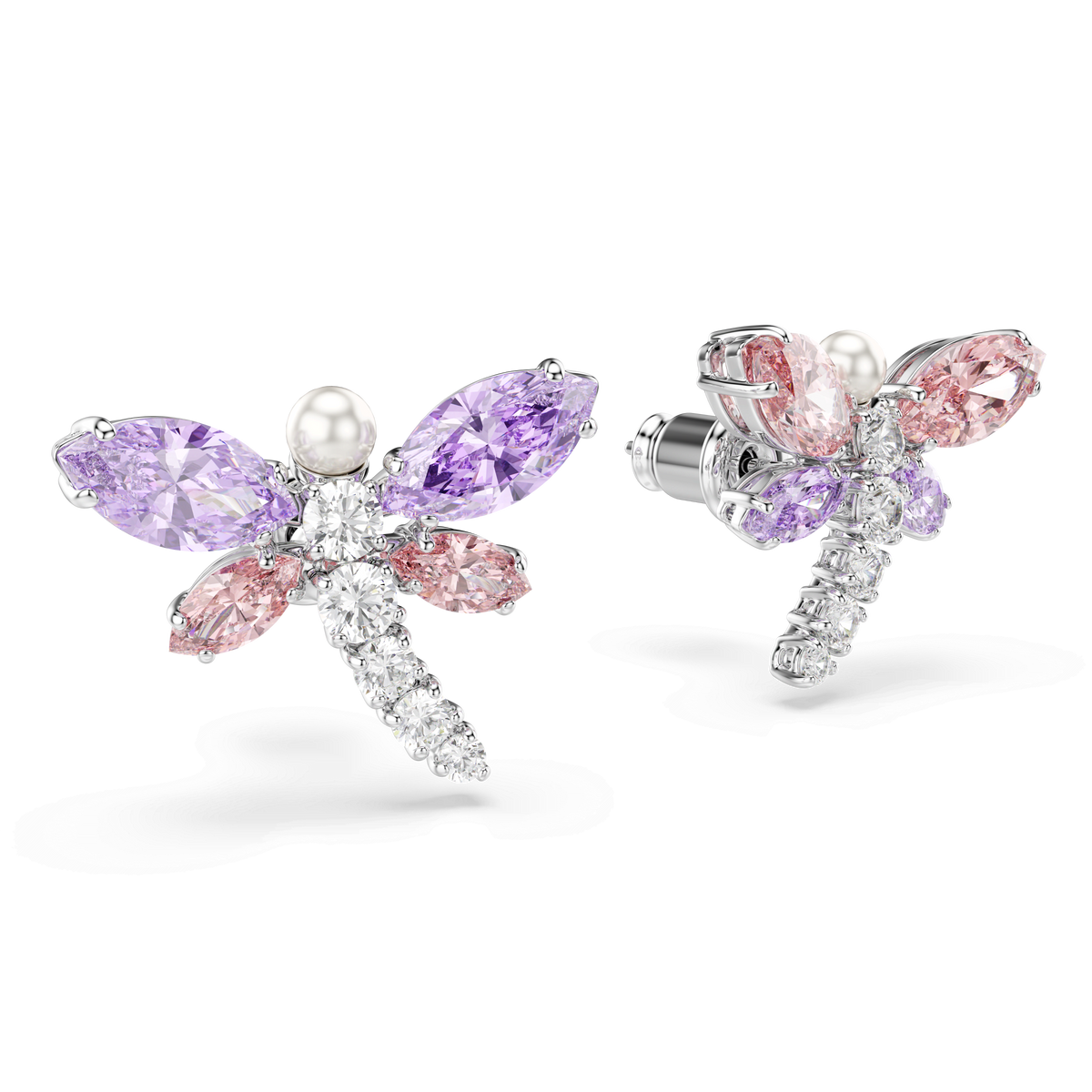 Adorn your look with a pair of Swarovski Ariana Grande x Swarovski stud earrings, featuring mixed-cut jeweled wings in pink and purple and shimmering with multicolored Swarovski Zirconia accents. These dragonfly-inspired earrings showcase pearl-like heads and small, clear crystal bodies set in rhodium-plated metal, offering a delicate yet vibrant touch to any ensemble.