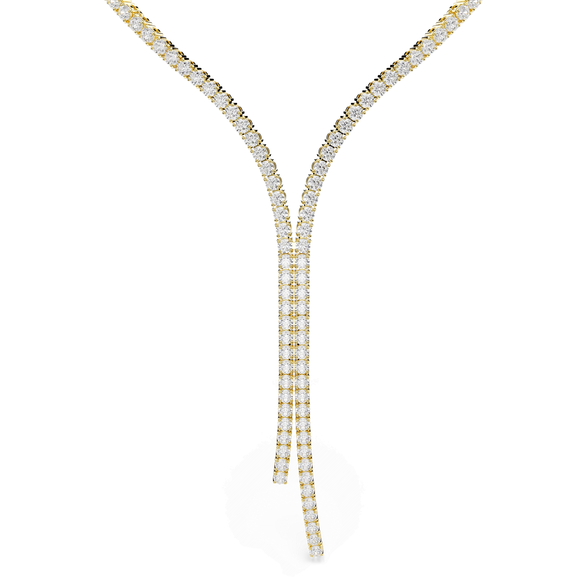 This elegant Swarovski Matrix Y necklace features two strands that meet in a graceful Y-shape and extend downward, adorned with rows of round-cut white crystals set in an 18K gold finish.