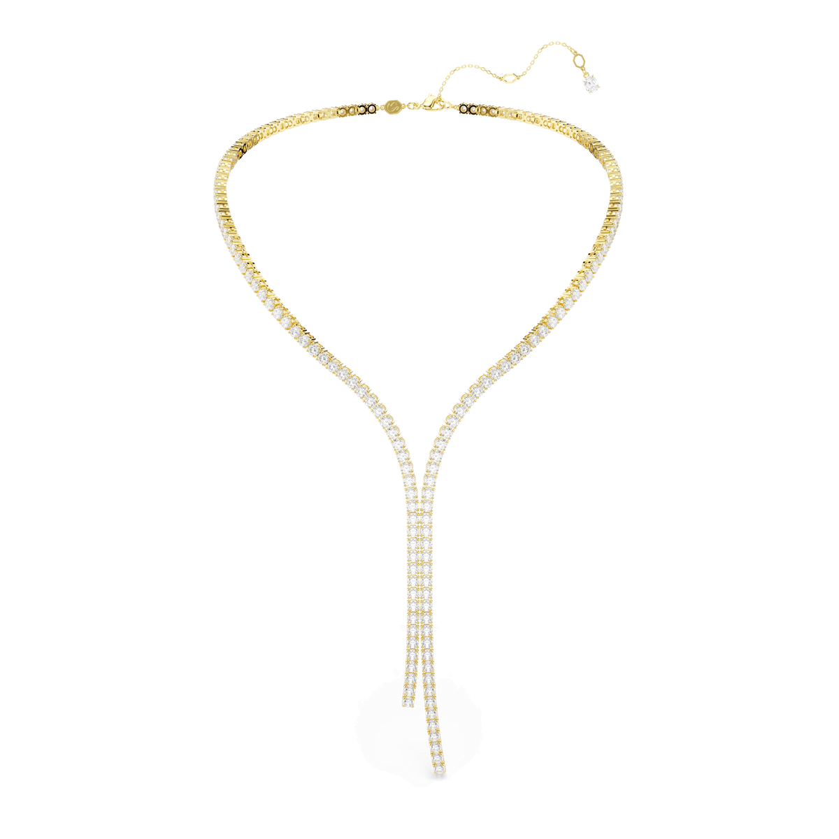 The Swarovski Matrix Y necklace, crafted with an 18K gold finish, showcases an elegant Y-shaped design adorned with brilliant round-cut Swarovski Zirconia along its length. This sophisticated piece features two dangling strands and is finished with an adjustable clasp for a perfect fit.