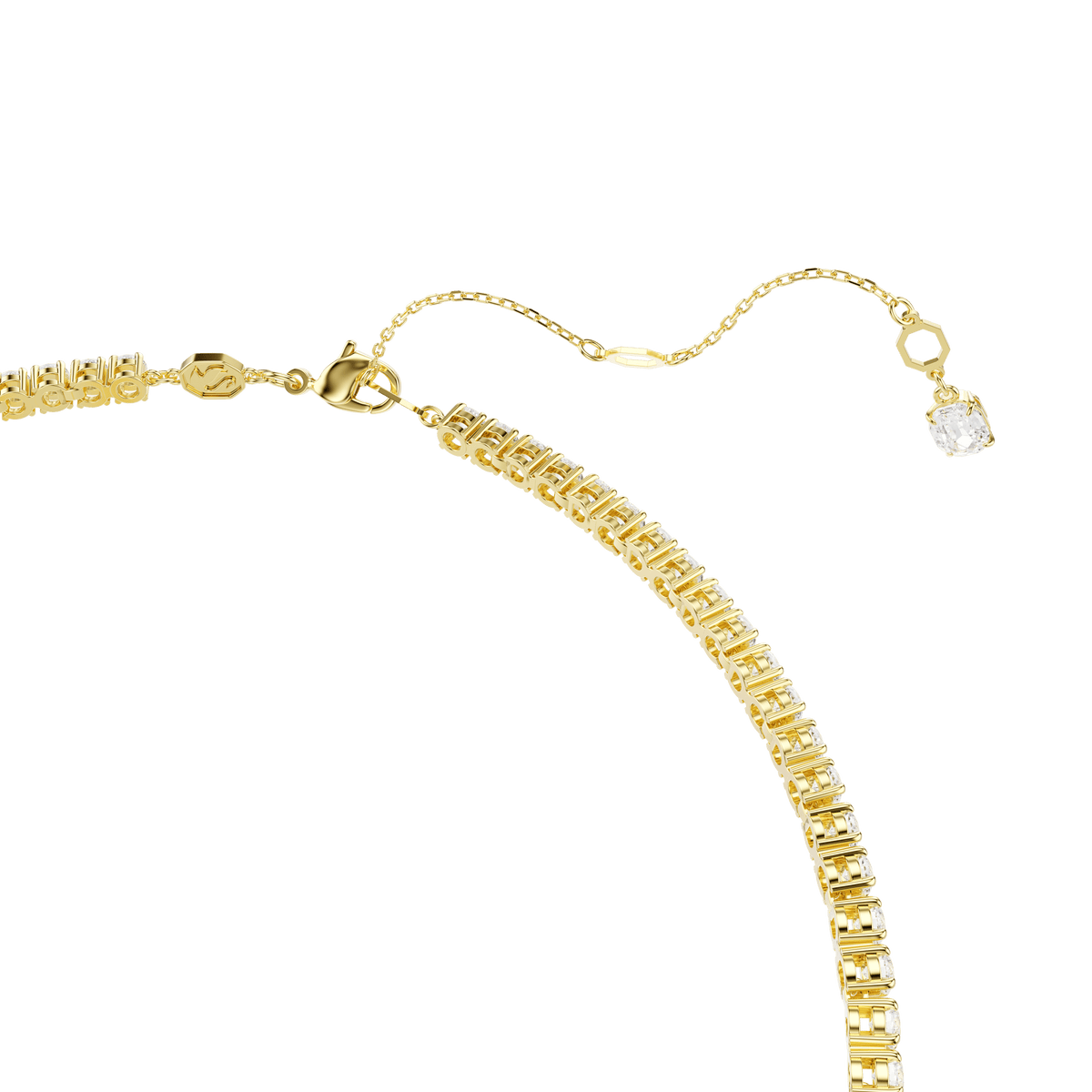 The Swarovski Matrix Y necklace features a round-cut clear Swarovski Zirconia gemstone, elegantly dangling from an 18K gold finish chain with an extender, displayed on a white background—perfect for those who appreciate sophisticated jewelry by Swarovski.