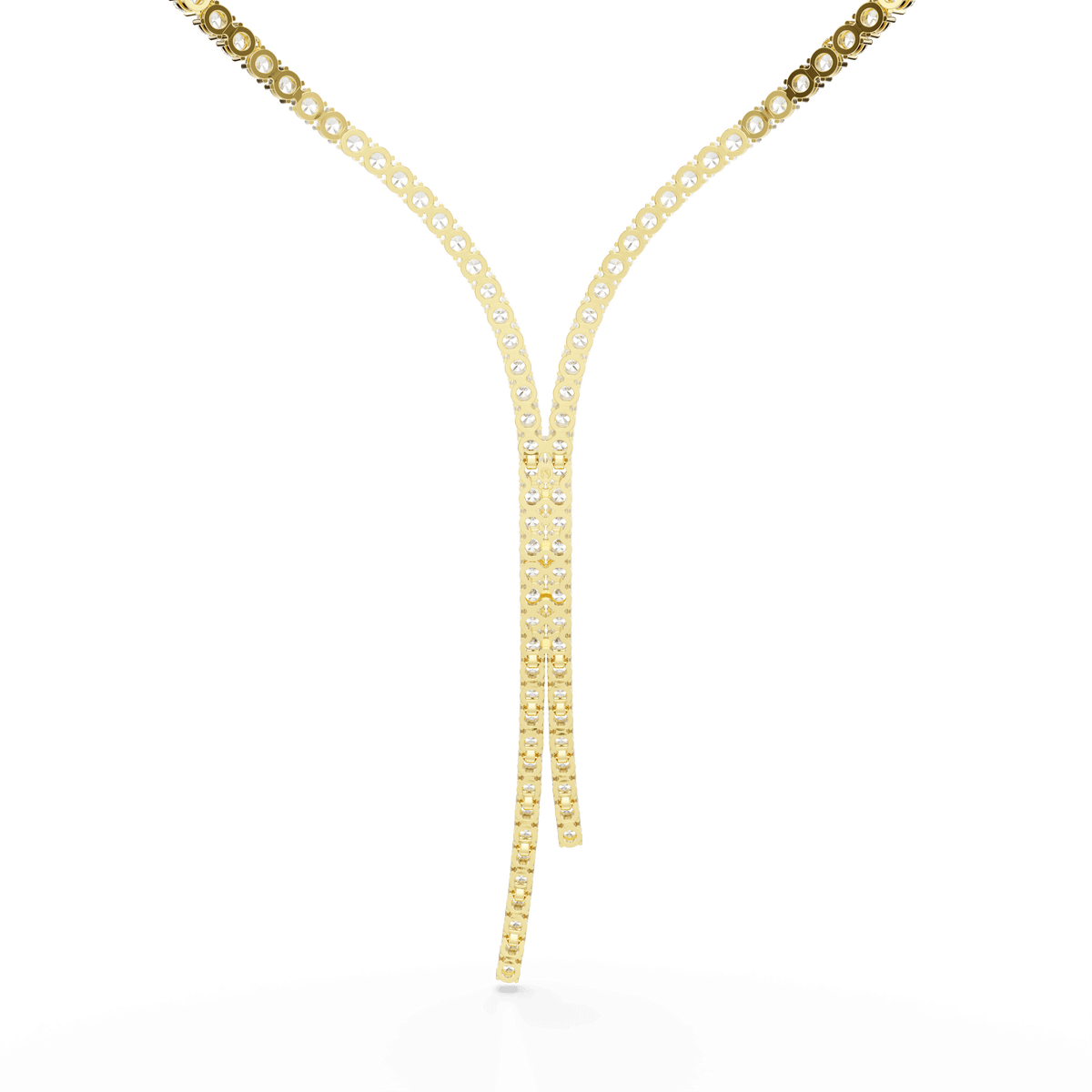 The Swarovski Matrix Y necklace, featuring a round cut and 18K gold finish, showcases two elegant strands adorned with sparkling white stones that meet gracefully at the center. Displayed on a white background, this exquisite Swarovski piece is perfect for any occasion.