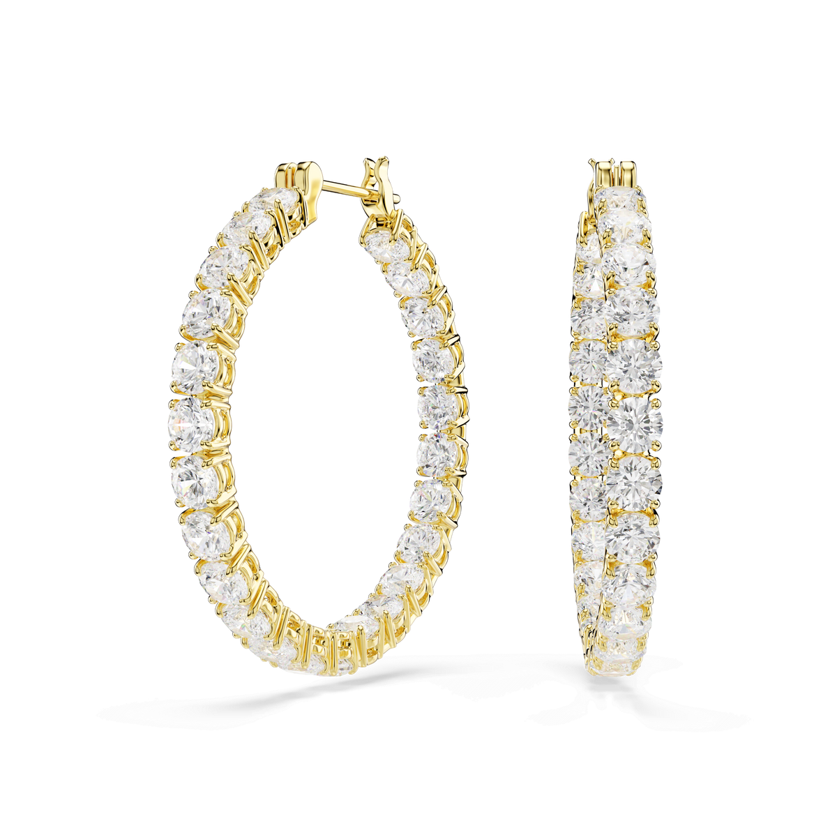 A pair of Swarovski Matrix hoop earrings, featuring a round cut and white crystals with an 18K gold finish, displayed against a white background.