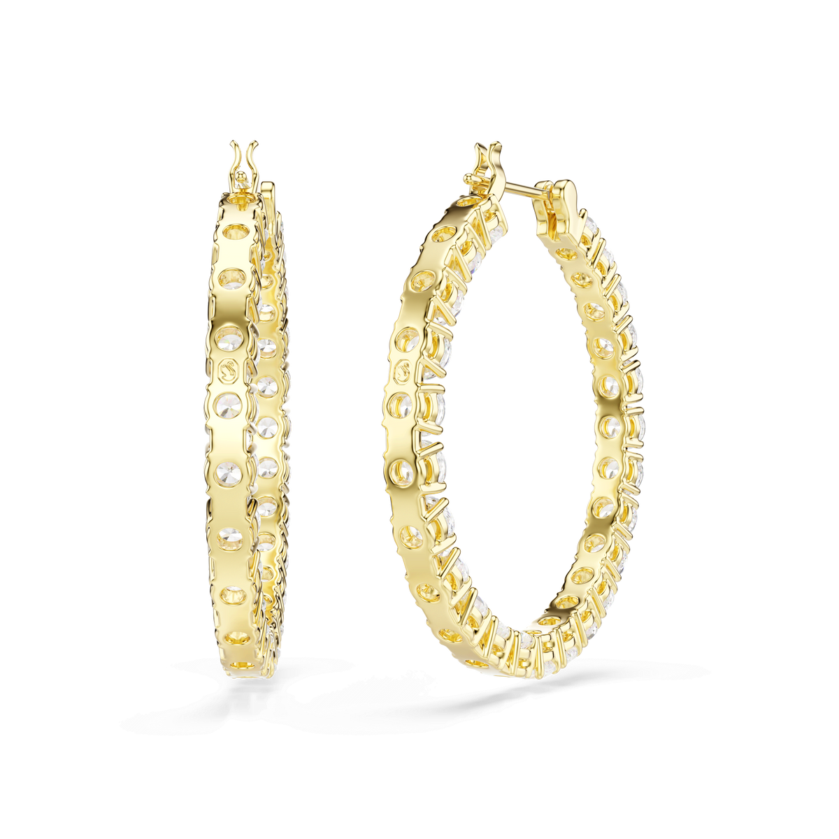 Two large Swarovski Matrix hoop earrings, featuring a round cut and a shiny 18K gold finish, displayed on a white background.
