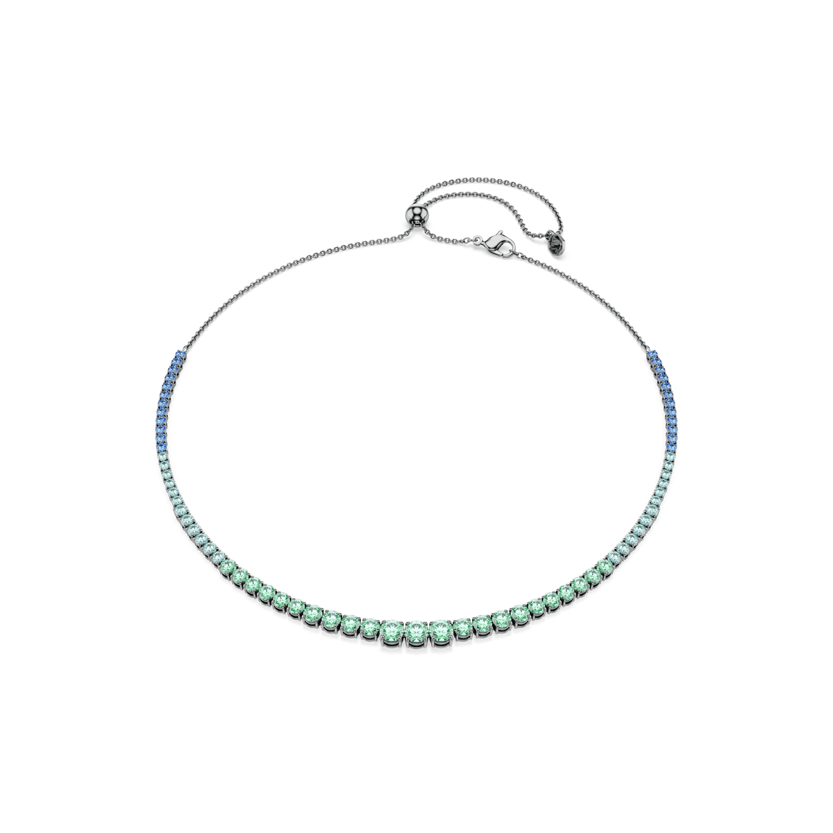 The Swarovski Matrix necklace features a gradient of round, multicolored crystals arranged symmetrically and set in ruthenium-plated silver, complete with an adjustable clasp, showcased on a plain white background.