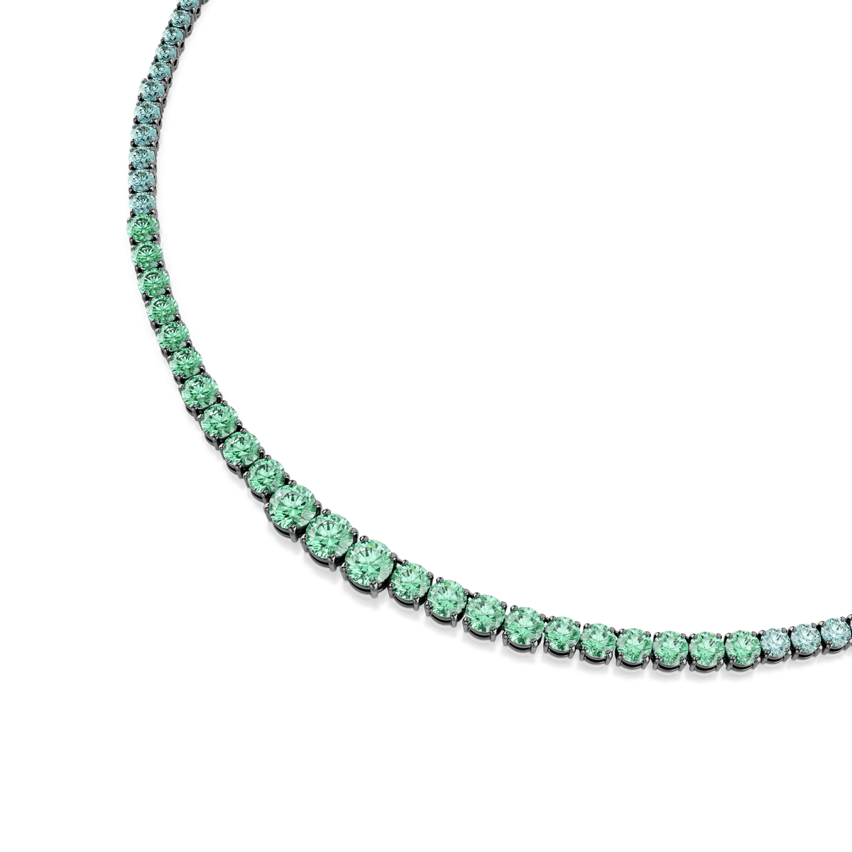 The Swarovski Matrix necklace showcases a gradient of multicolored round-cut crystals that shift from green to pale blue, set on a thin ruthenium-plated chain with an adjustable design, displayed against a white background.