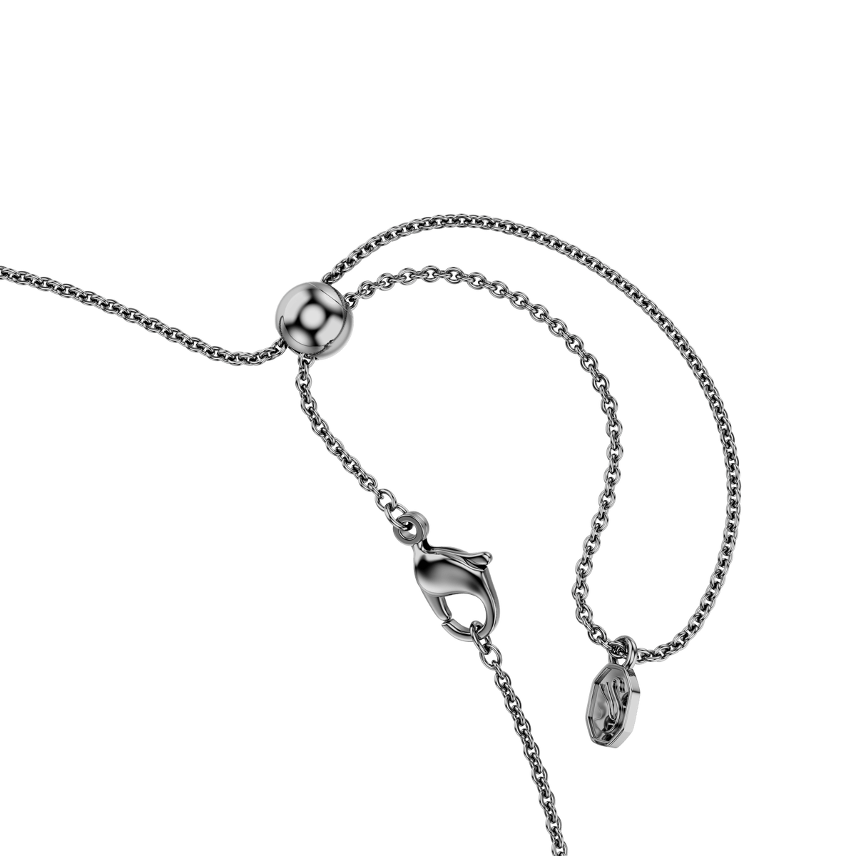 Close-up of the Swarovski Matrix necklace, featuring a gradient of round cuts in multicolored stones set in ruthenium plating, shown against a white background.