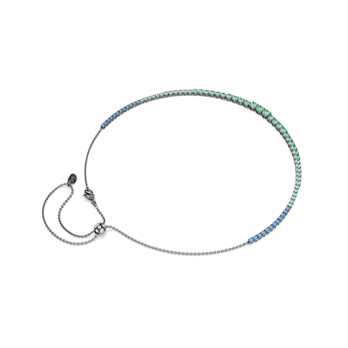 Discover the Swarovski Matrix necklace, a refined piece from Swarovski crafted with a slender ruthenium-plated chain. This elegant necklace showcases a graceful gradient of round-cut multicolored crystals, transitioning seamlessly from blue on one side to green on the other. Finished with a secure clasp featuring a signature round charm, this design highlights sparkling details for sophisticated allure.