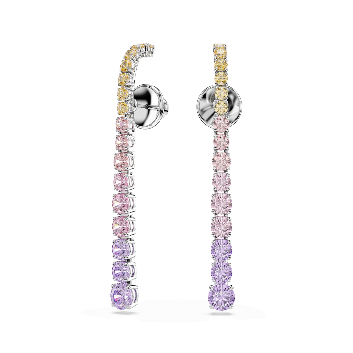The Swarovski Matrix drop earrings by Swarovski feature a gradient of round-cut, multicolored gemstones—transitioning from yellow at the top, to pink in the center, and purple at the bottom—set in rhodium-plated metal and displayed on a white background.