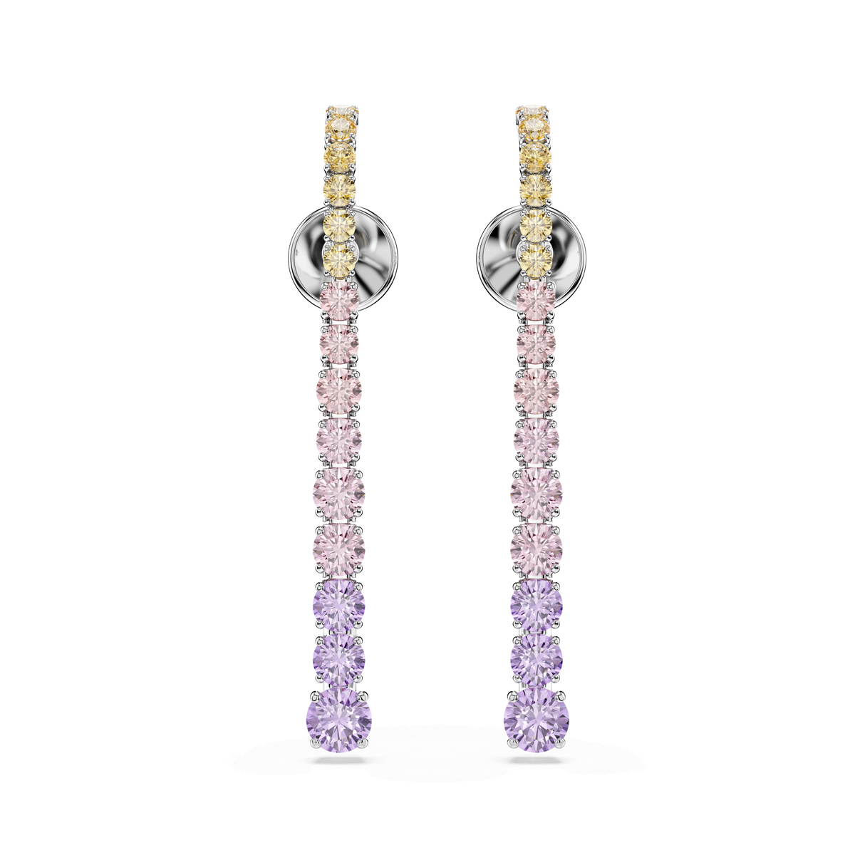 Introducing the Swarovski Matrix drop earrings from Swarovski, featuring a beautiful gradient of multicolored round cuts that transition from yellow at the top, to pink in the middle, and purple at the bottom. These stunning earrings are crafted with rhodium-plated silver metal for a sophisticated finish.