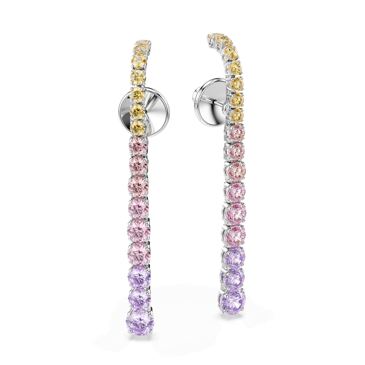 Swarovski Matrix drop earrings featuring a gradient of round-cut multicolored gemstones—yellow at the top, pink in the middle, and purple at the bottom—set in rhodium-plated silver-tone metal.