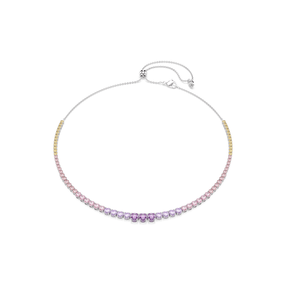 Introducing the Swarovski Matrix necklace: a delicate design featuring a gradient of multicolored round-cut crystals, all beautifully set on a rhodium-plated chain with an adjustable clasp.