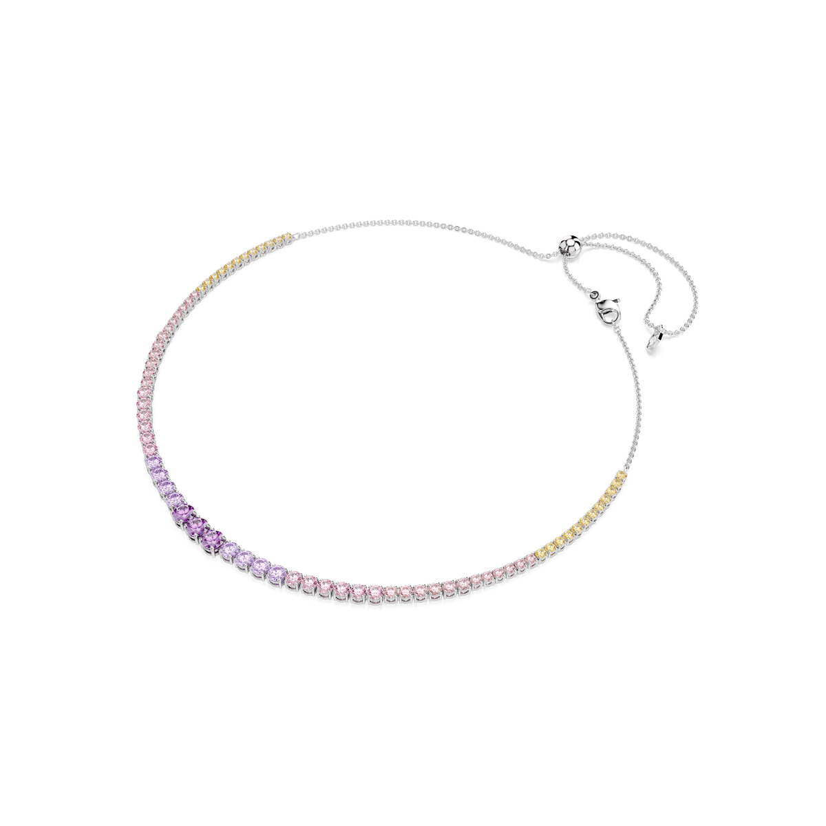 The Swarovski Matrix necklace showcases a gradient of round-cut multicolored gemstones—evoking soft pastel hues—expertly set on a slender, rhodium-plated chain with an adjustable clasp.