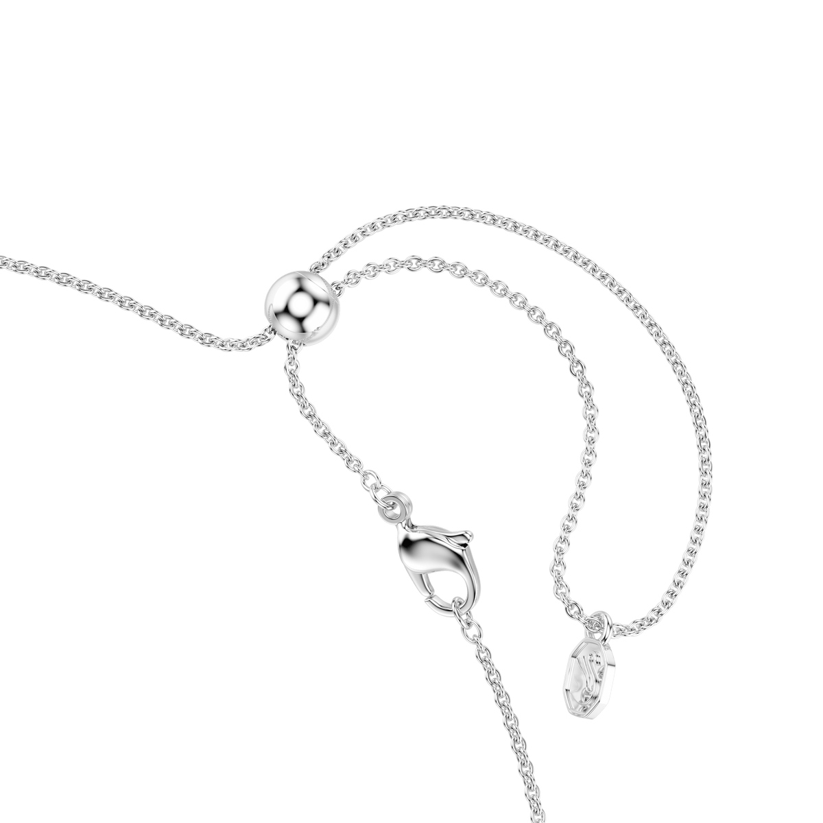 Close-up of a Swarovski Matrix necklace featuring a gradient of multicolored round cuts and rhodium plating, displayed against a plain white background.