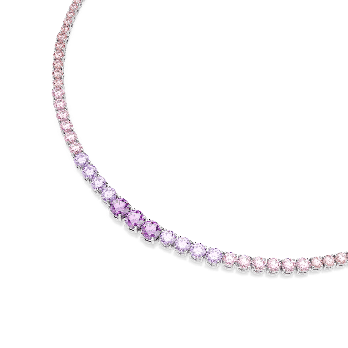 A close-up of the Swarovski Matrix necklace highlights a graceful gradient of round-cut multicolored crystals, set in rhodium-plated metal. The pastel hues give this adjustable Swarovski piece an elegant and contemporary appeal.