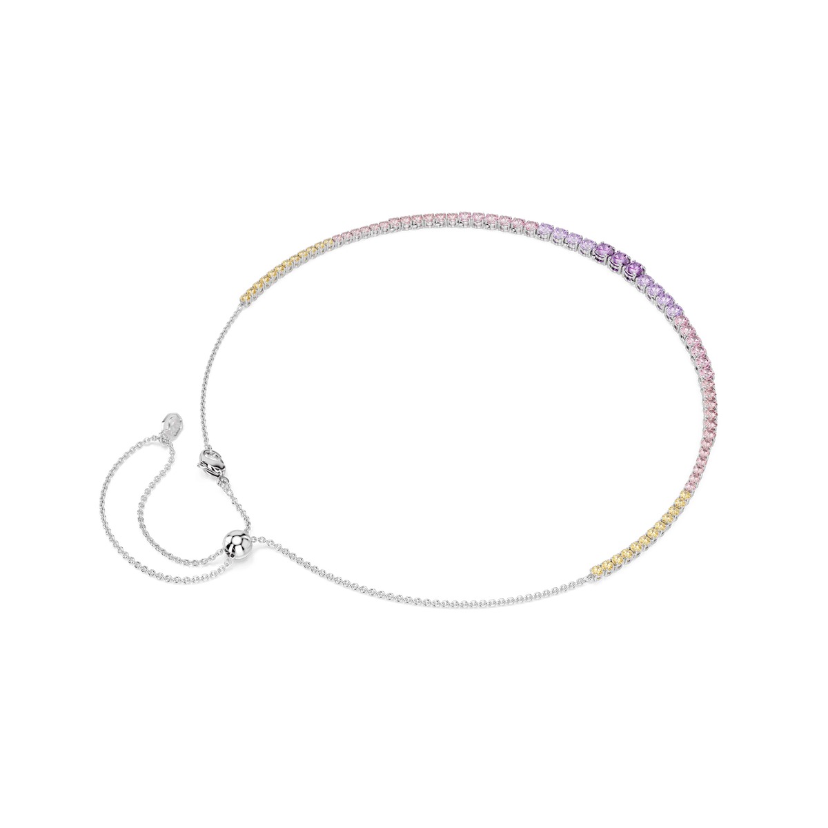The Swarovski Matrix necklace features a graceful gradient of multicolored round-cut crystals set on a rhodium-plated chain, complete with an adjustable sliding clasp for a customizable fit.
