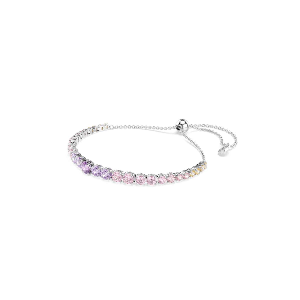 Introducing the Swarovski Matrix bracelet: a refined, adjustable piece by Swarovski featuring a gradient of round-cut, multicolored crystals and finished with elegant rhodium plating—stunningly showcased against a white background.