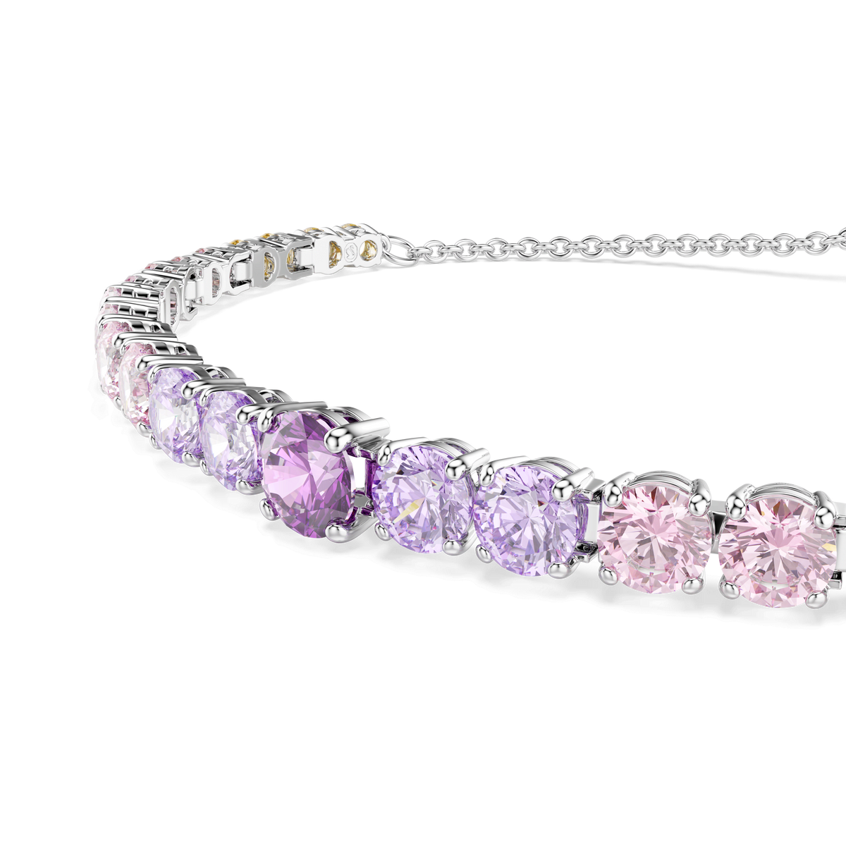 The Swarovski Matrix bracelet features a gradient of multicolored round cuts and is rhodium plated, displayed against a plain white background.
