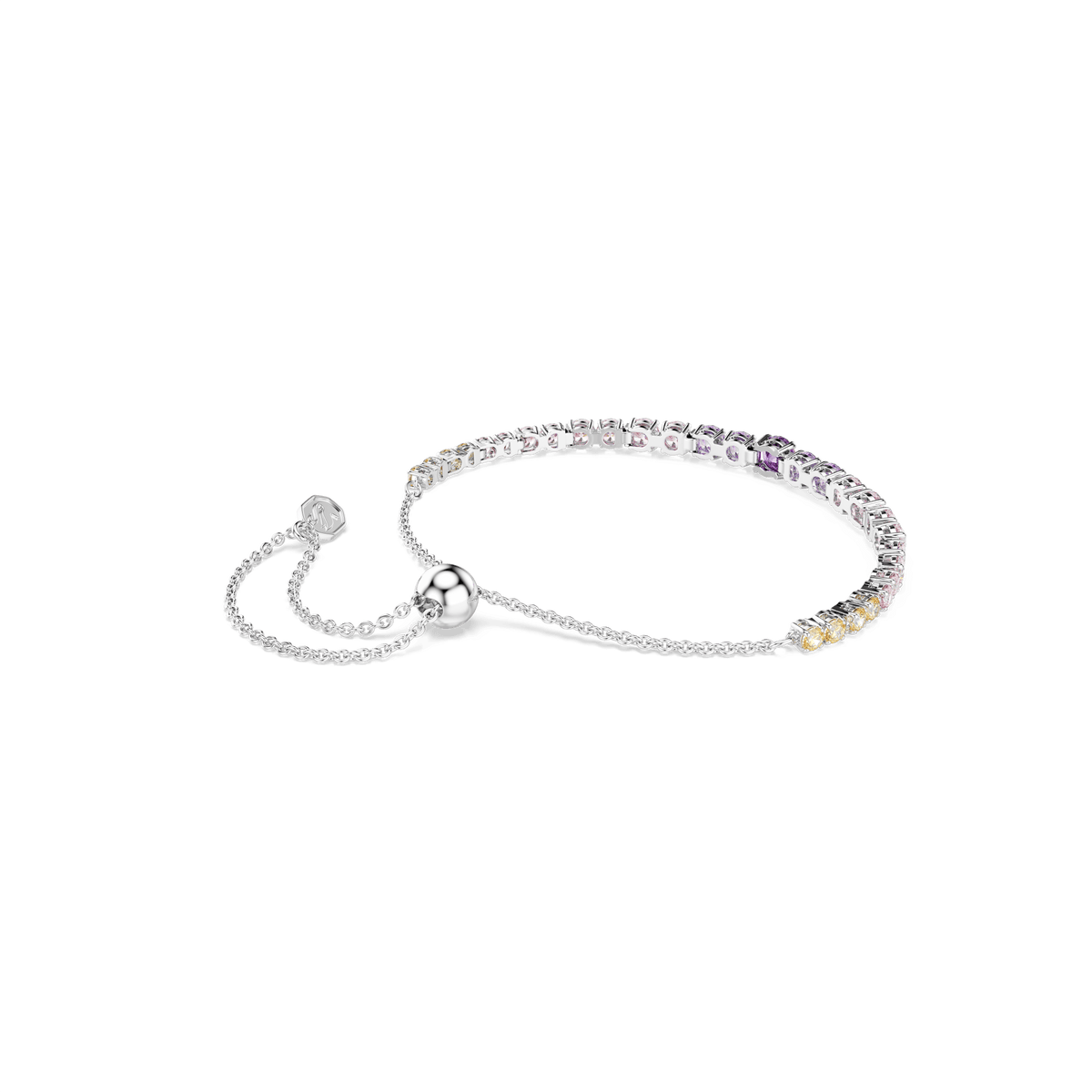 The Swarovski Matrix bracelet features a gradient of round-cut multicolored crystals set across the top on a delicate rhodium-plated chain with an adjustable closure.