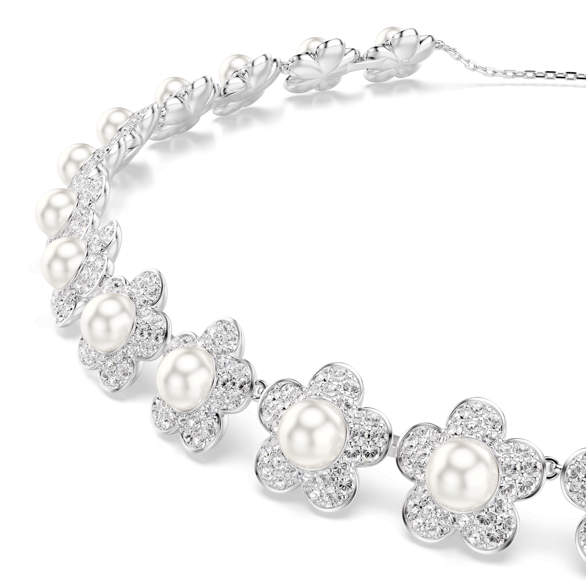 A close-up of the Swarovski Ariana Grande x Swarovski choker, featuring rhodium-plated, flower-inspired designs adorned with round-cut crystals and luminous crystal pearls—an elegant accessory from Swarovski perfect for adding a touch of everyday luxury.