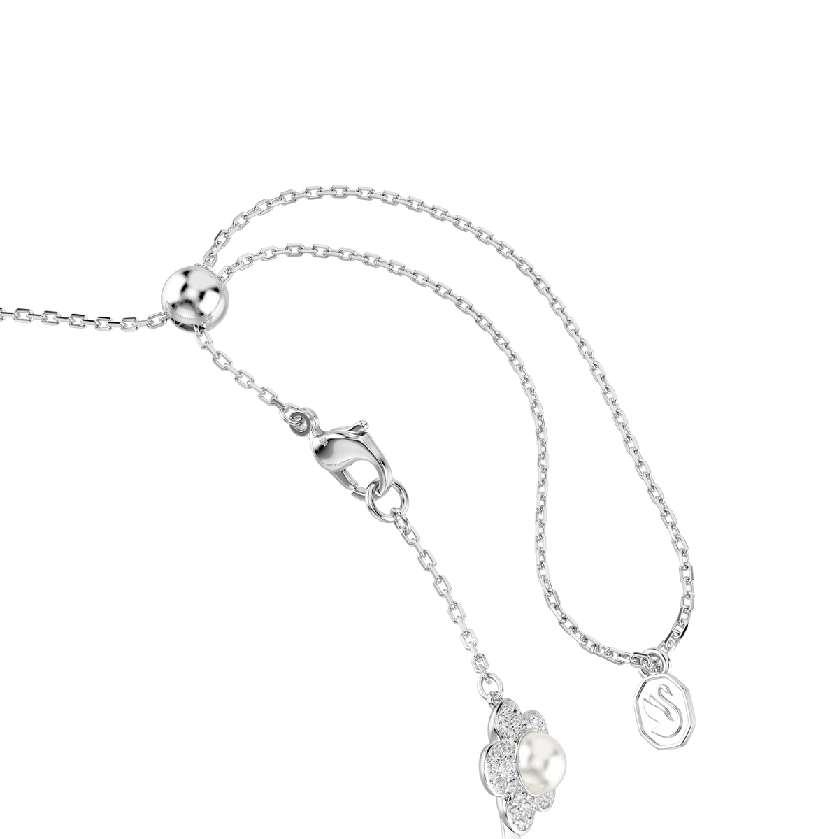 The Swarovski Ariana Grande x Swarovski choker features a delicate rhodium-plated silver chain with a round-cut Crystal Pearl centerpiece, accompanied by a small round charm engraved with an “S,” all showcased against a plain white background.