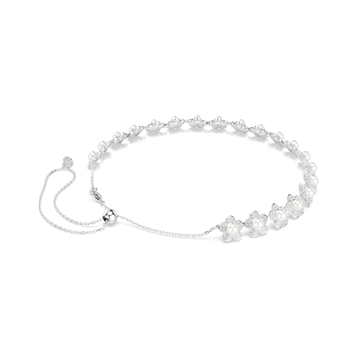 The Swarovski Ariana Grande x Swarovski choker features delicate white flower-shaped clusters with round-cut crystal pearls at the center, set on a rhodium-plated adjustable chain with a round clasp. An elegant piece of everyday luxury by Swarovski, beautifully displayed on a plain white background.