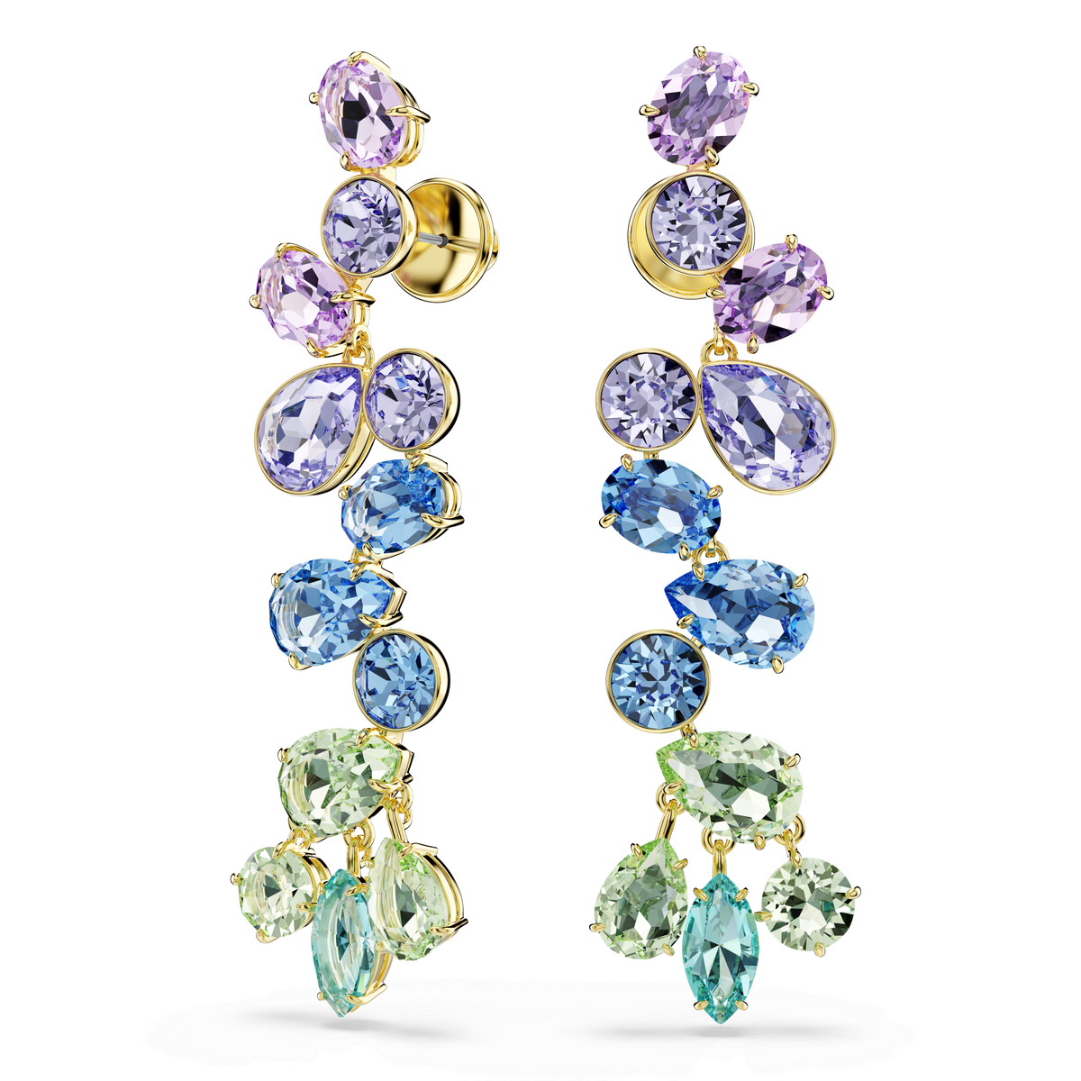 Add a touch of elegance with the Swarovski Gema drop earrings—chandelier-style earrings featuring mixed-cut gemstones in pastel purple, blue, and green tones, set in an 18K gold finish for a stunning cascading effect.