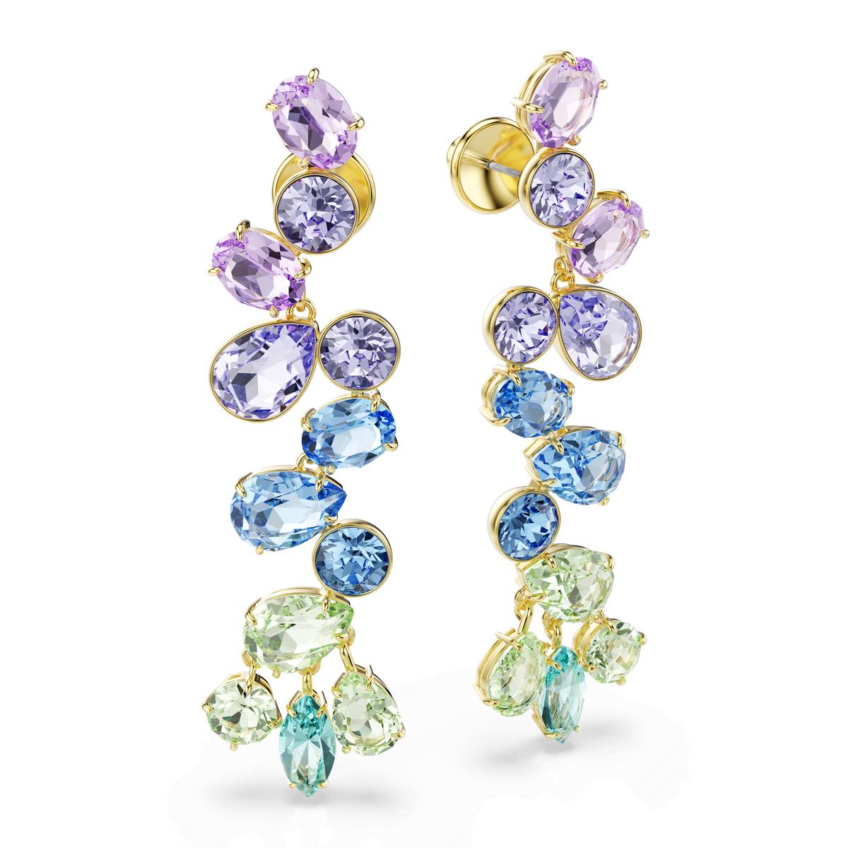 Swarovski Gema drop earrings feature a luxurious 18K gold finish and a striking chandelier silhouette. Adorned with an array of mixed-cut, multicolored crystals in lavender, blue, green, and aqua hues, these long earrings elegantly combine the brilliance of crystal jewelry with vibrant modern style—perfect for elevating any ensemble.