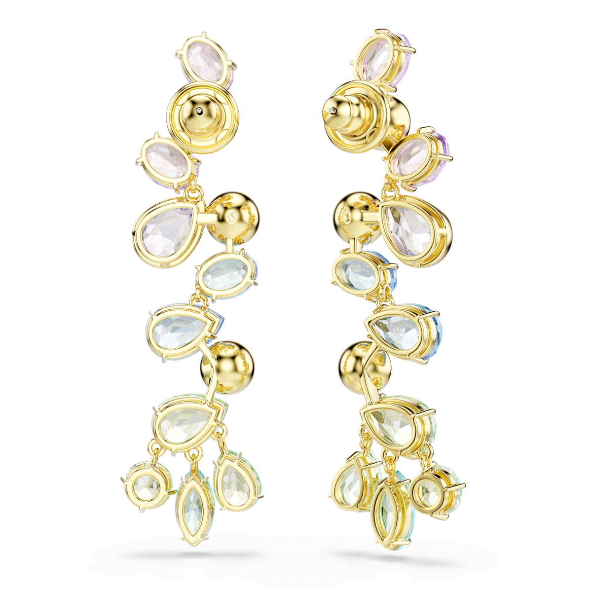 Swarovski Gema drop earrings, featuring a chandelier design with long cascading mixed-cut pastel gemstones in teardrop and oval shapes, elegantly set in an 18K gold finish against a plain white background.
